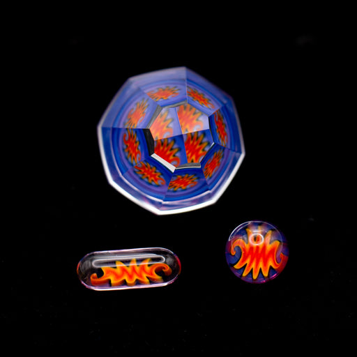 Colorful geometric shapes with flame design on a black background