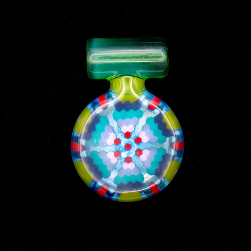 Decorative plastic item with colorful pattern on a black background